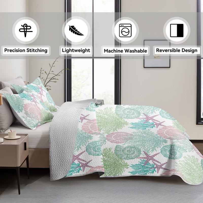 Tritard 3 Piece Coastal Quilt Sets Full/Queen Size - Reversible Microfiber Quilts with 2 Shams Soft Lightweight Beach Bedding Nautical Bedspread Coverlet Summer Comforter for All Season  90''x96''  C5 - Image 3